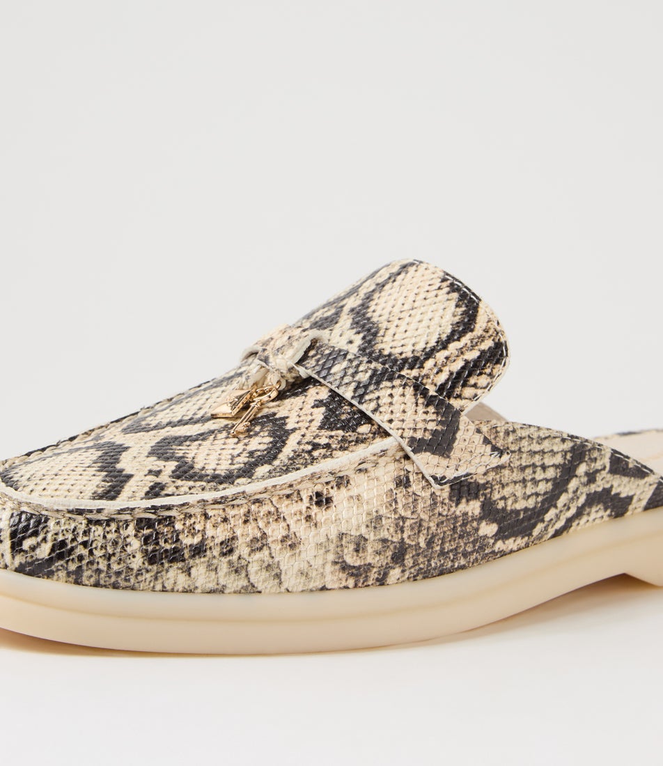 Lizzo Black Beige Snake Leather Mules