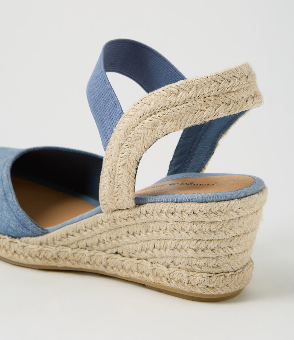 Rhainy Blue Denim Natural Rope Leather Elastic Wedges