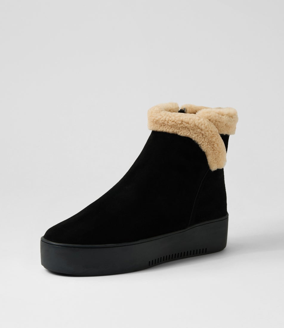 Warmer Black Beige Suede Fur Ankle Boots