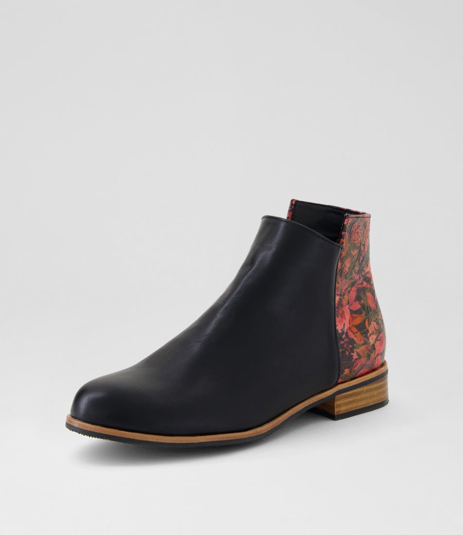Horson Black Red Floral Ankle Boots