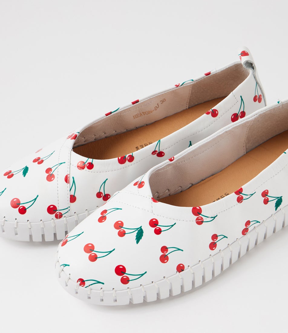 Heaton Cherry Print White Leather Ballet Flats