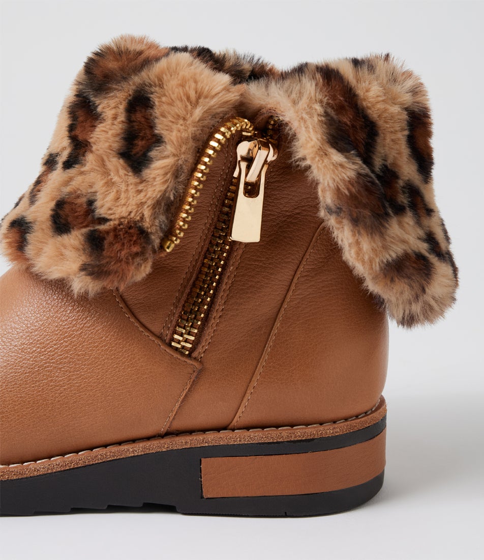 Rhemy Dark Tan Leopard Leather Fur Ankle Boots