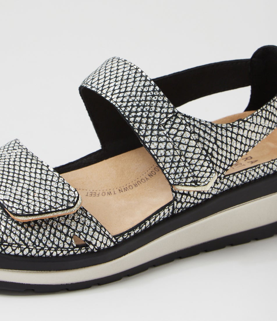 Gedd W Black Gold Print Leather Sandals