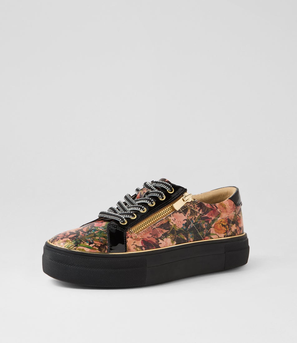 Skelos Cafe Floral Emboss Black Patent Pu Sneakers