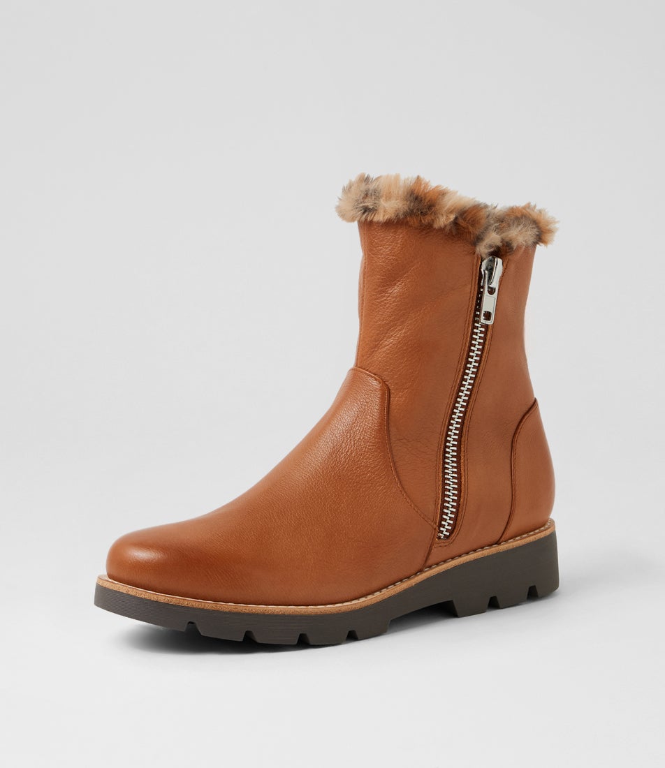 Dlinga Drambuie Tan Leopard Leather Fur Ankle Boots