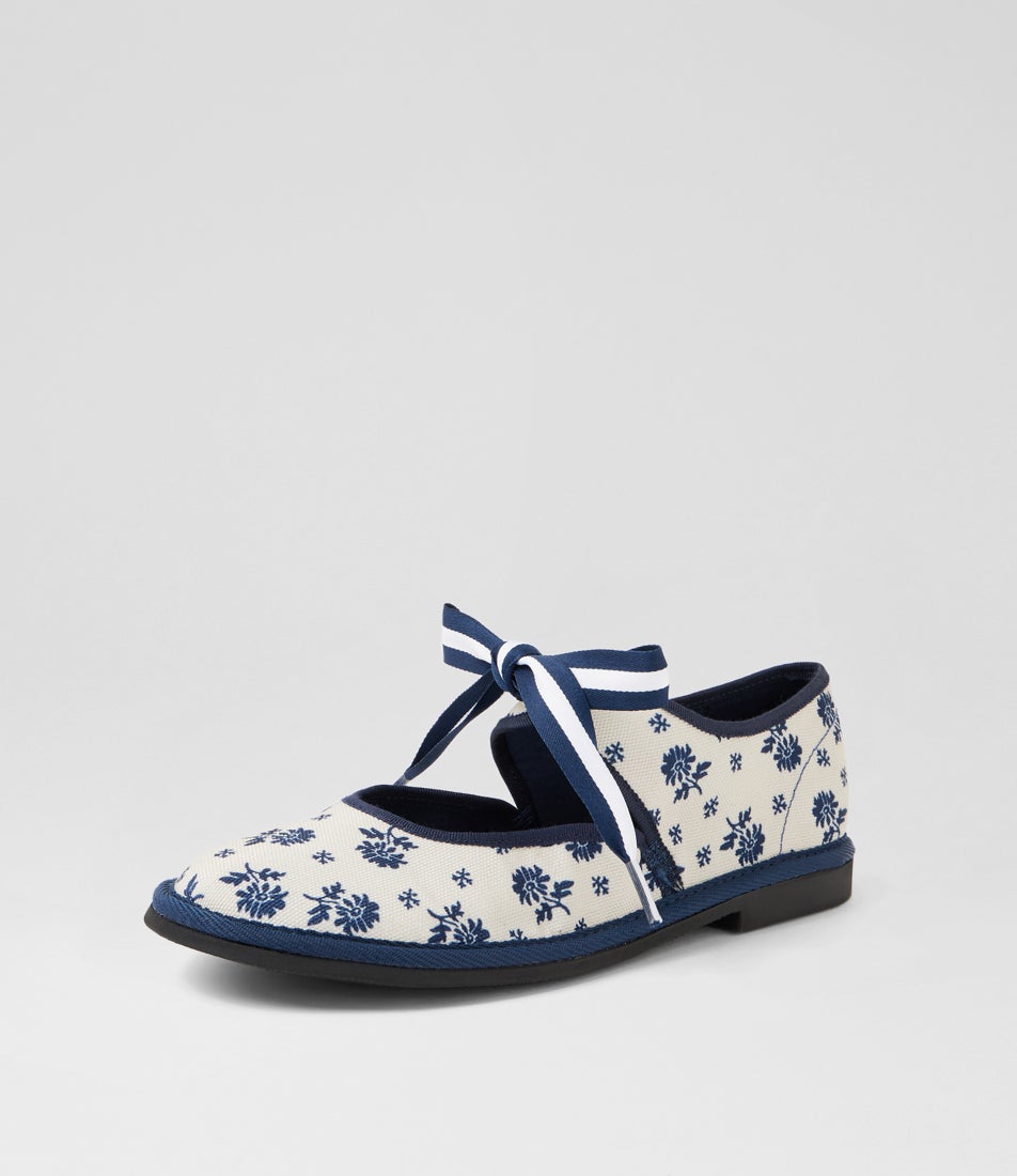 Lexey Cream Navy Flower Fabric Flat Shoes Lexey Cream Navy Flower Fabric Flat Shoes