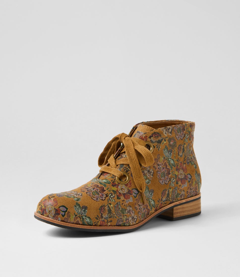 Hissel Tan Flower Microsuede Ankle Boots