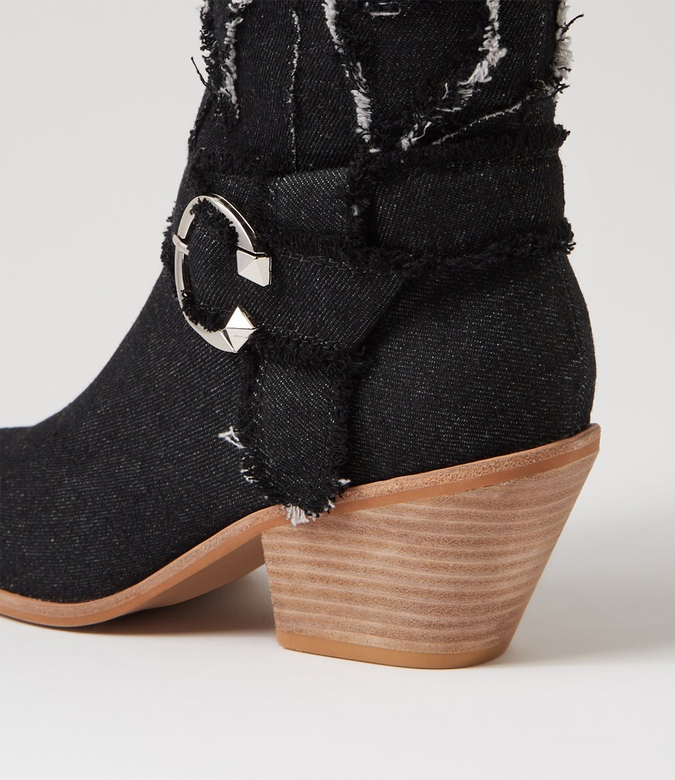 Daya Black Denim Fabric Knee High Boots