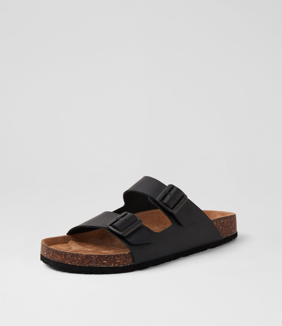 Farrah Black Crazyhorse Leather Slides