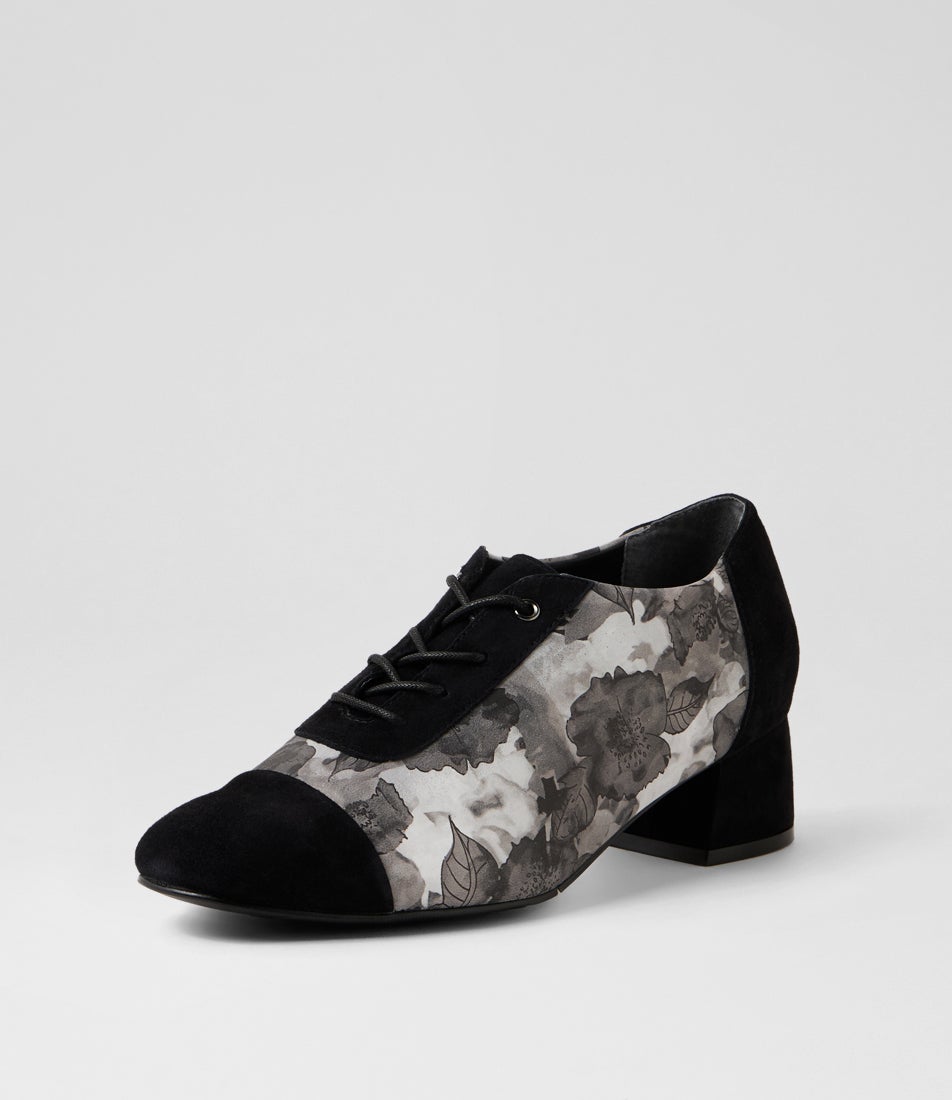 Zinky W Black Charcoal Flower Suede Leather Heels