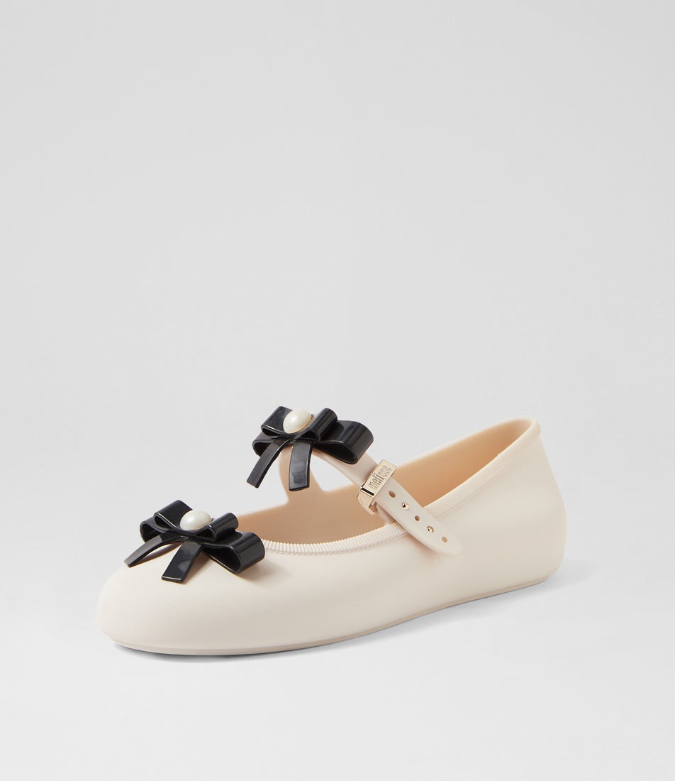 Melissa Soft Ballerina Bow Beige Black Pvc Ballet Flats