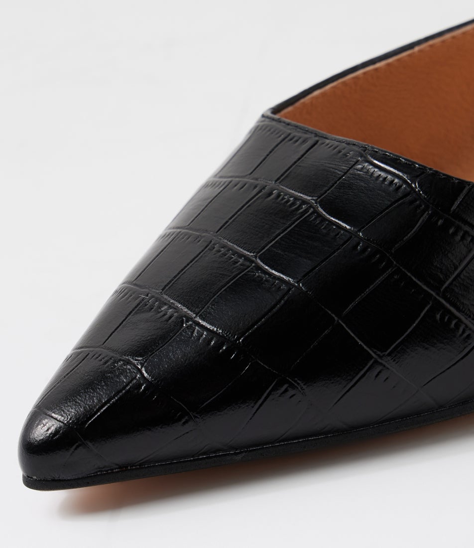 Astar Black Croc Leather Flat Shoes