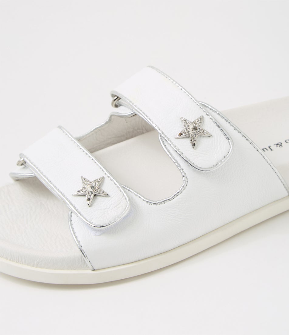 Toloo White Silver Leather Slides