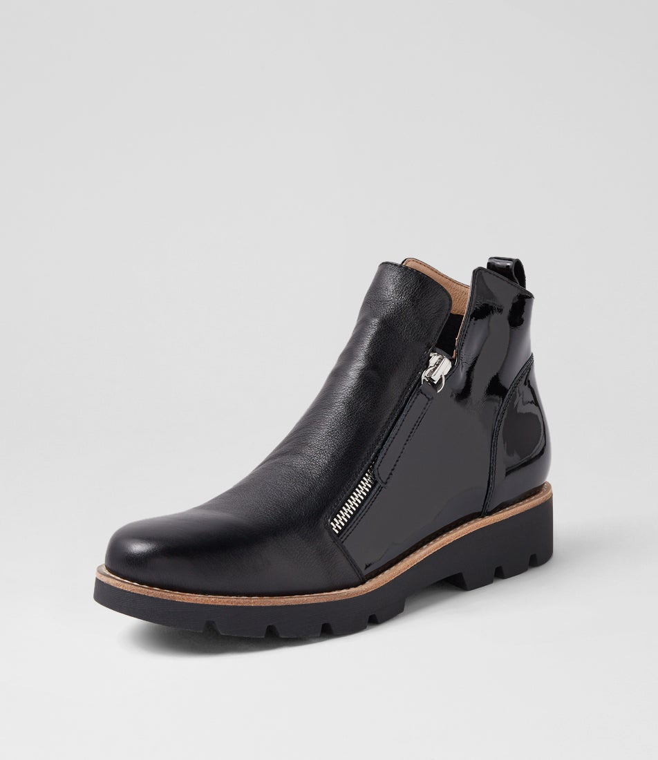 Dottiz Black Leather Patent Ankle Boots