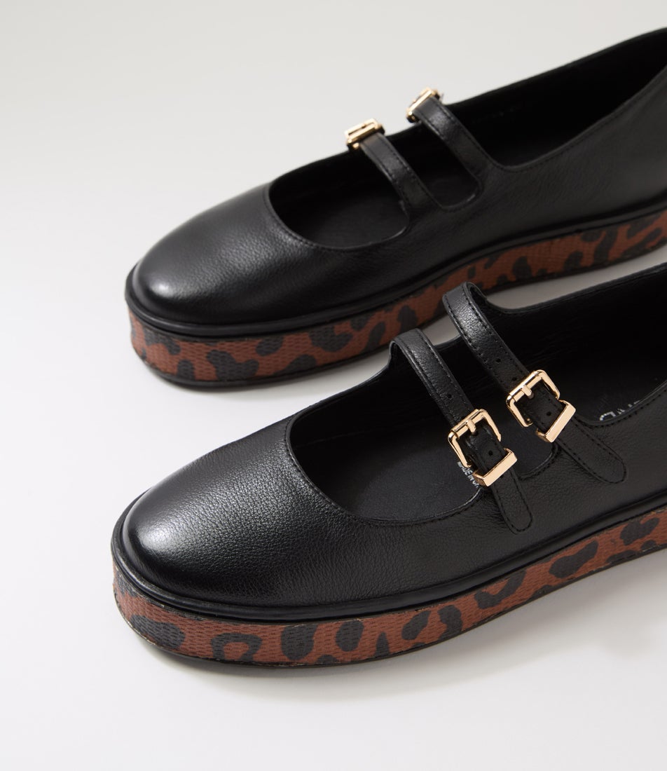 Phila Black Leopard Leather Flat Shoes Phila Black Leopard Leather Flat Shoes