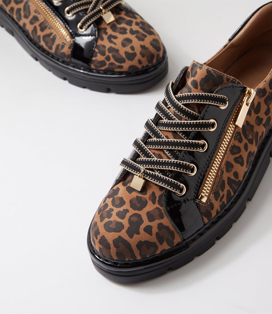 Elos Camel Leopard Black Suede Patent Sneakers
