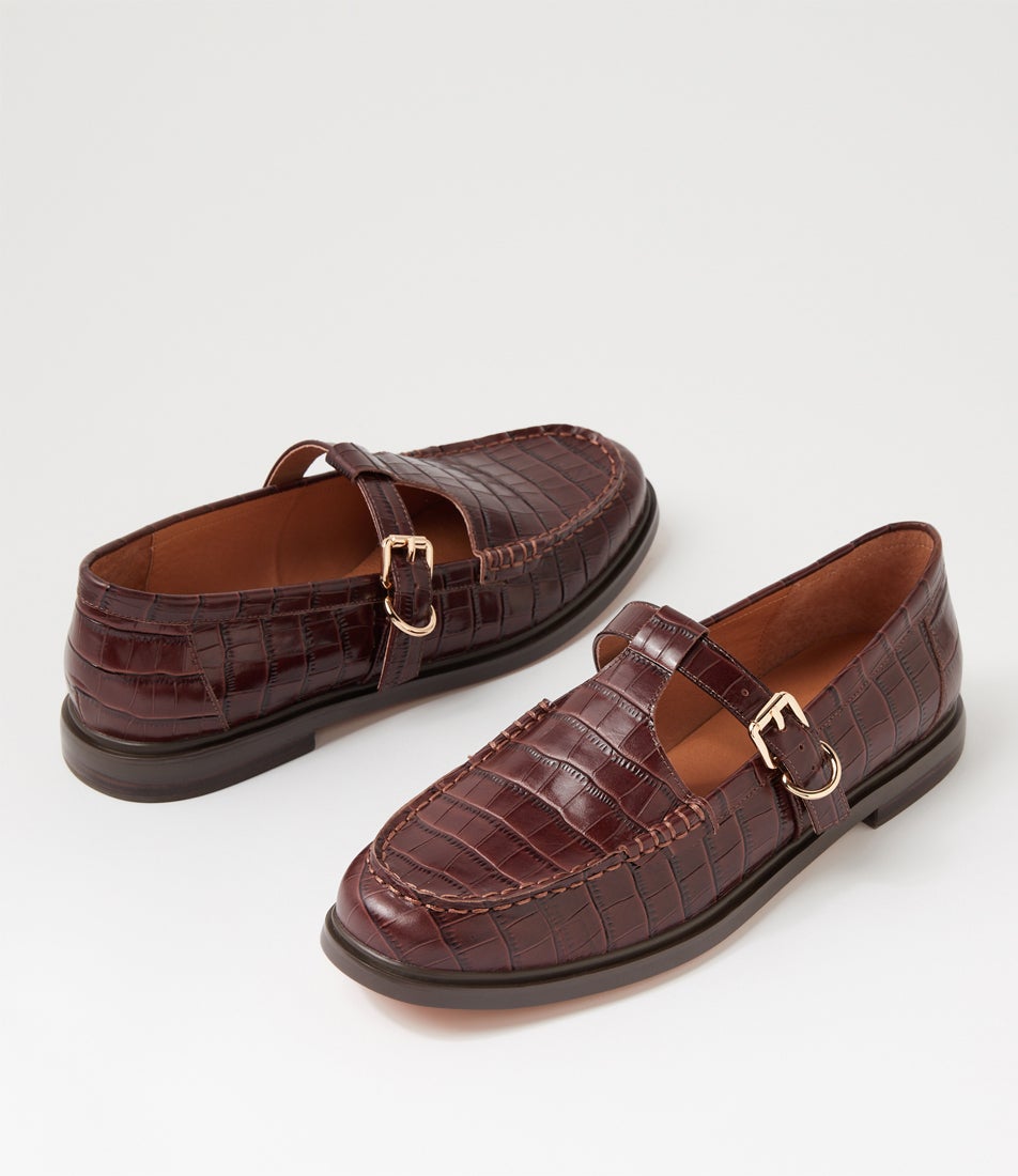 Gahla Brown Shine Croc Leather Flat Shoes