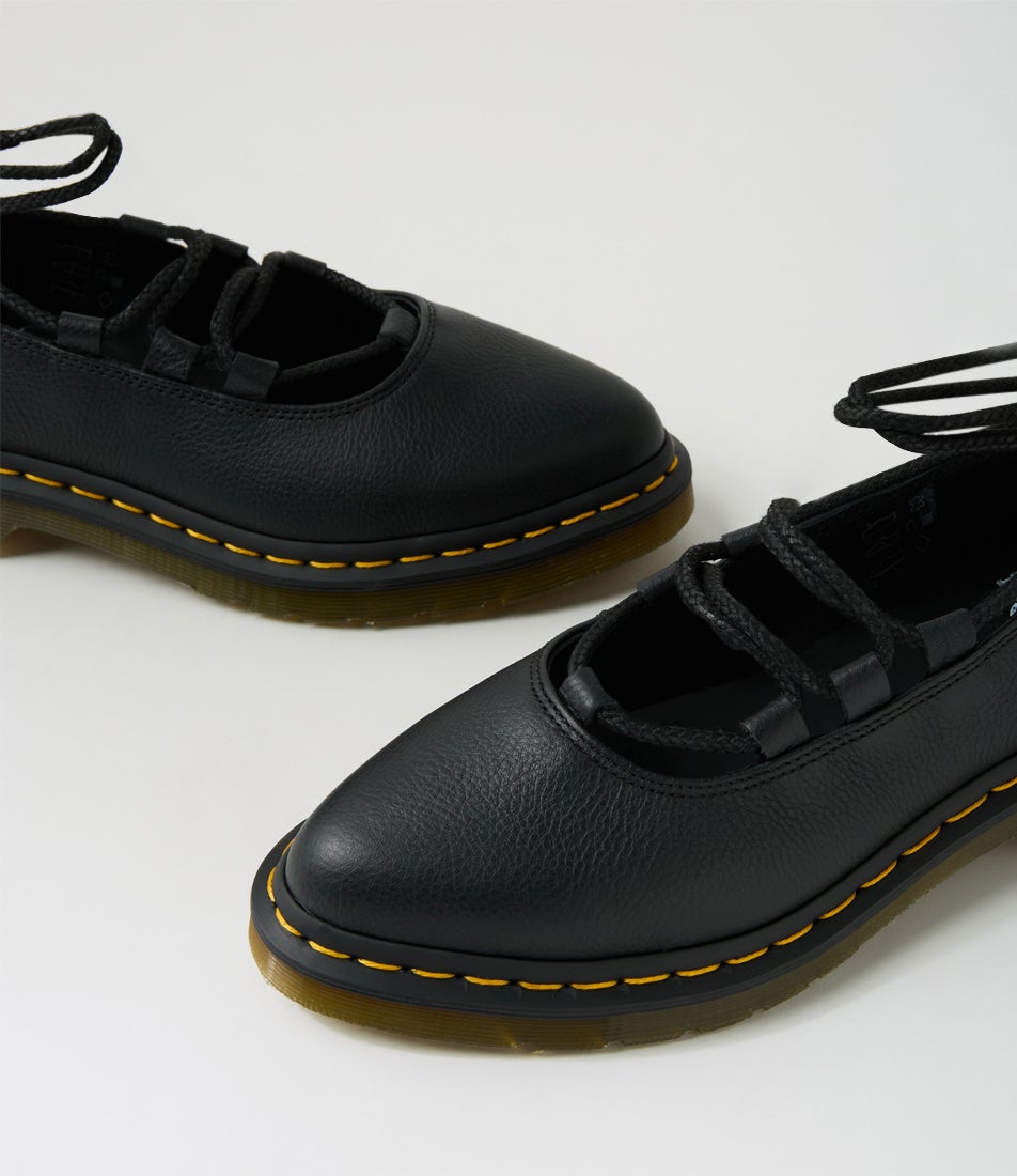 Elphie 2 Lace Up Black Virginia Leather Flat Shoes