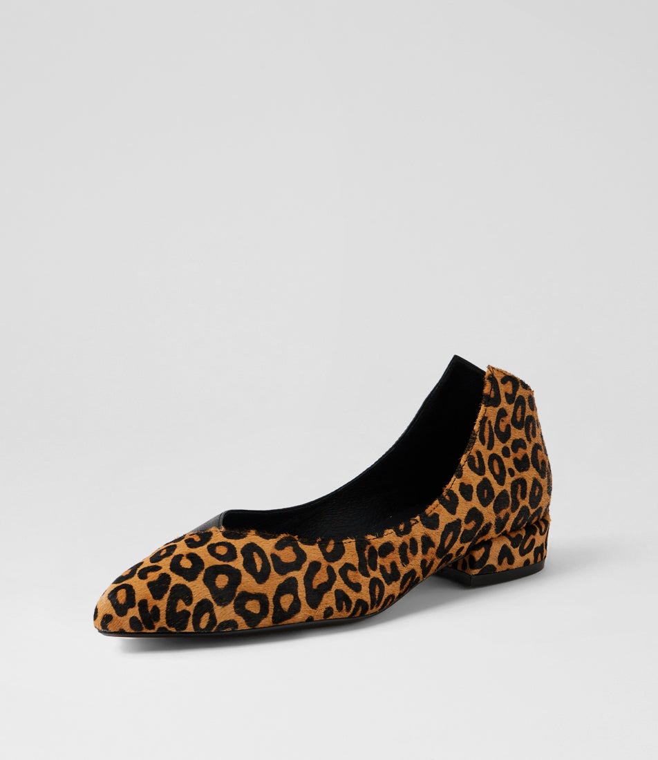Ewa Light Tan Leopard Black Pony Leather Ballet Flats
