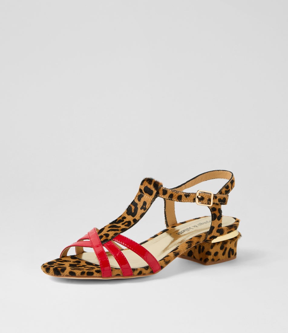 Tangots Red Tan Leopard Patent Leather Sandals