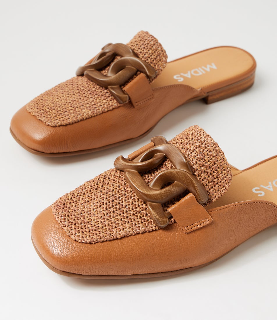 Peebles Dark Tan Leather Syn Raffia Loafers