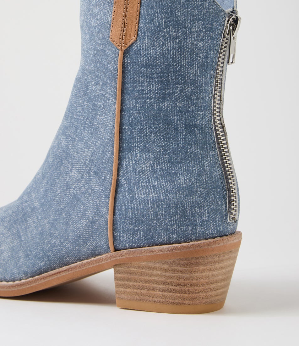 Danilo Blue Distressed Denim Tan Leather Ankle Boots