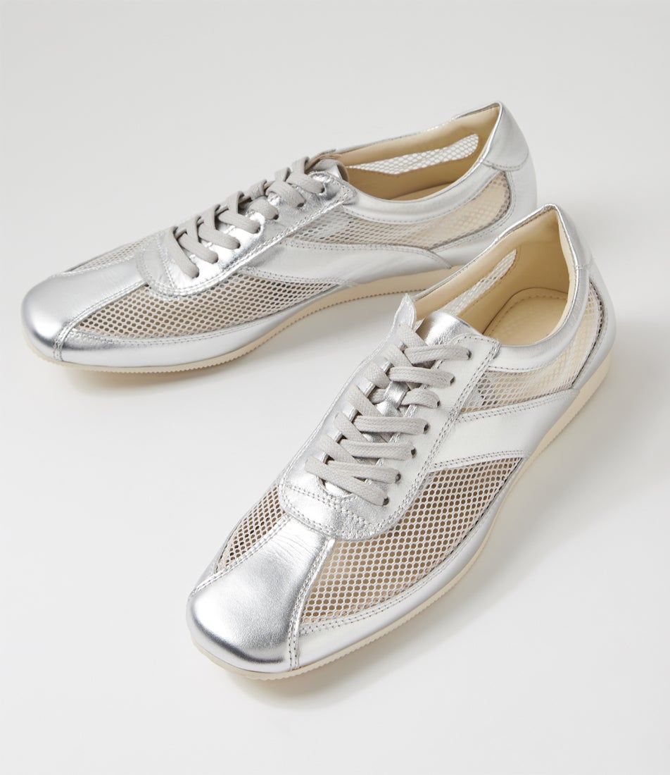 Hillary Silver Leather Mesh Lace Up Sneakers
