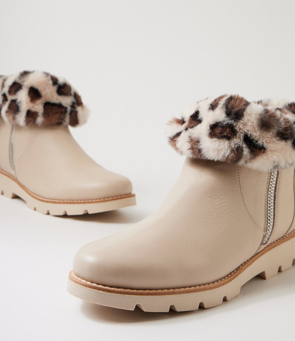 Dlinga Vanilla White Leopard Leather Fur Ankle Boots Dlinga Vanilla White Leopard Leather Fur Ankle Boots