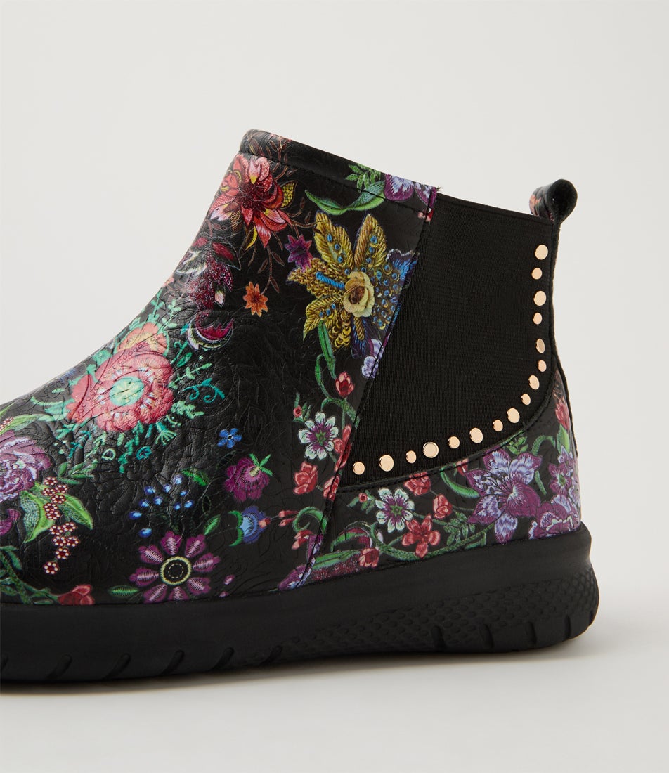Suji Xf Black Floral Embossed Leather Elastic Ankle Boots