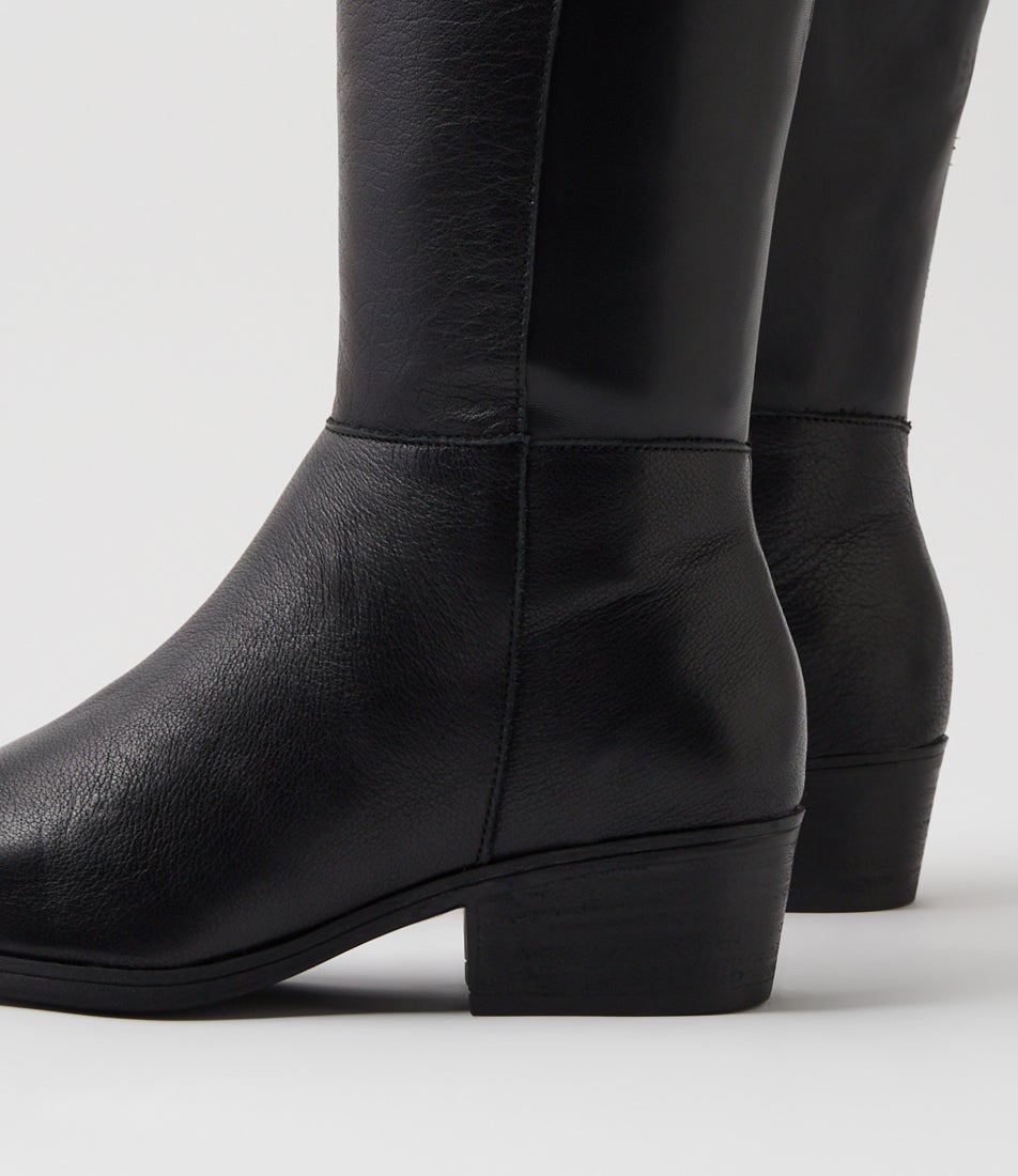 Zoose Black Leather Stretch Knee High Boots