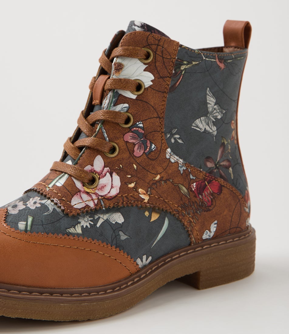 Bokoa Tan Steel Floral Ankle Boots Bokoa Tan Steel Floral Ankle Boots