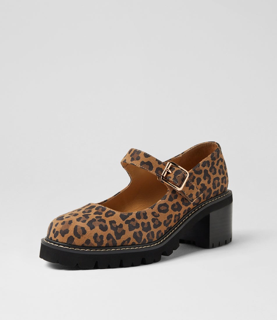 Mirriam Camel Leopard Suede Mary Jane Heels