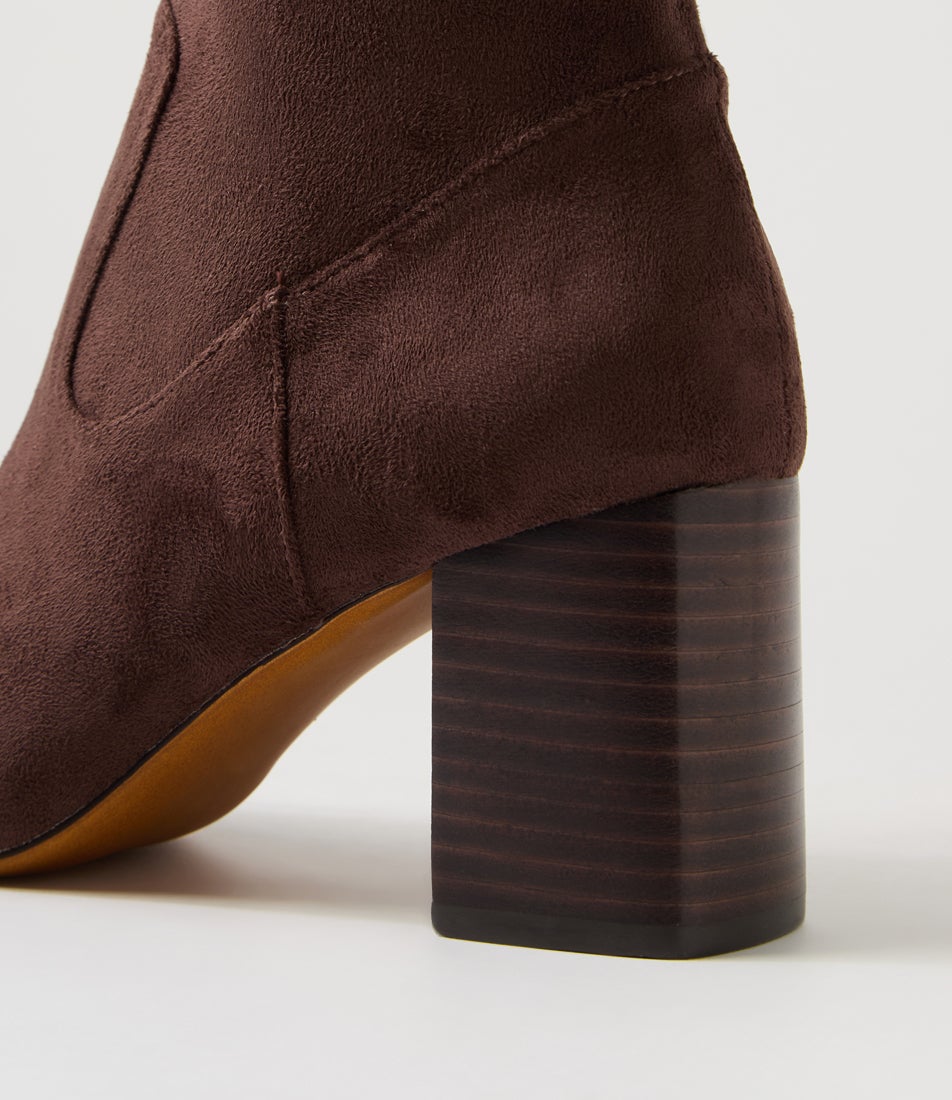 Shortee Deep Dark Brown Stretch Microsuede Ankle Boots