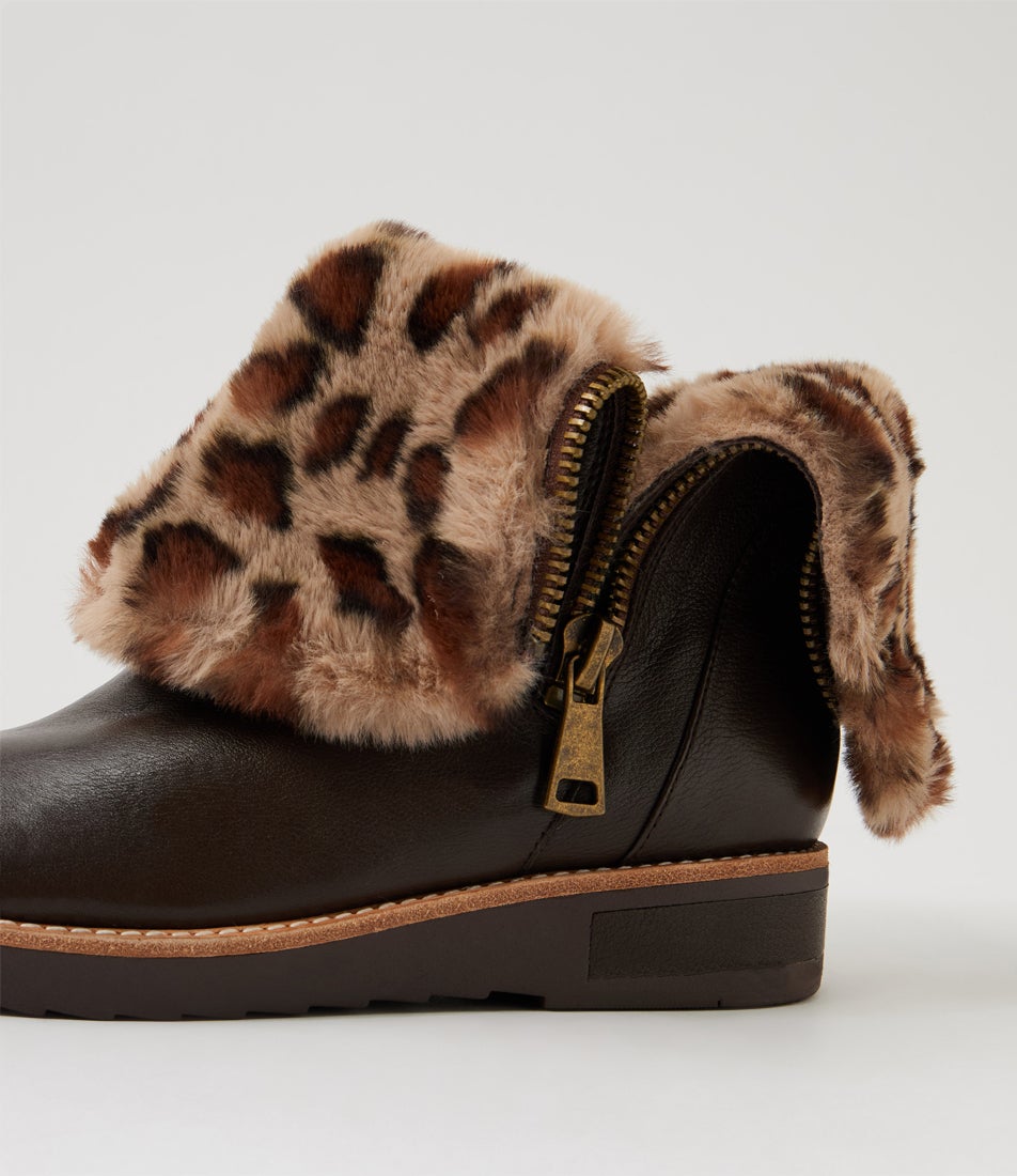 Rhemy Choc Taupe Leopard Leather Fur Ankle Boots Rhemy Choc Taupe Leopard Leather Fur Ankle Boots