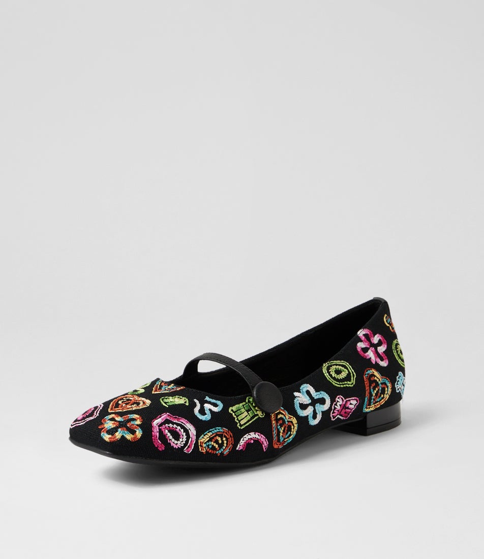 Flemming Black Embroidery Fabric Flat Shoes