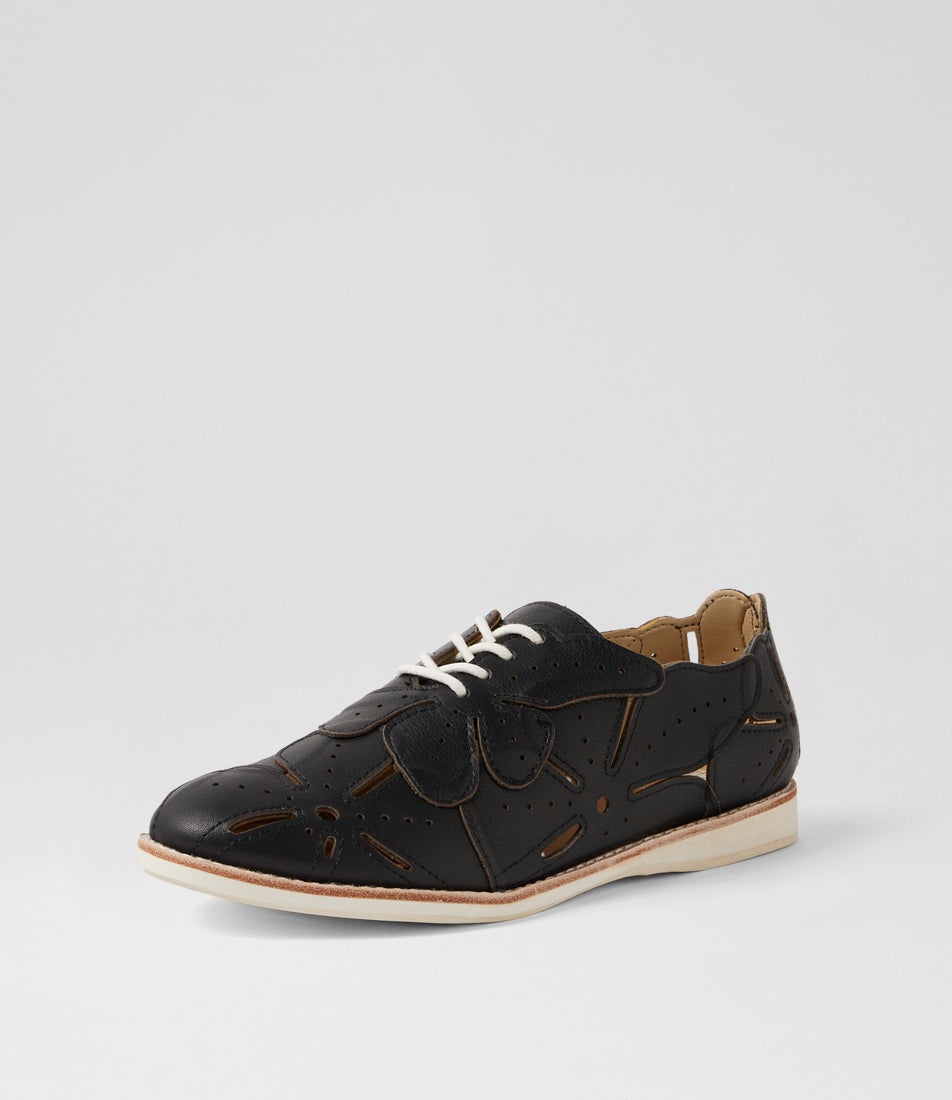Derby Applique Black Leather Lace Up Flats