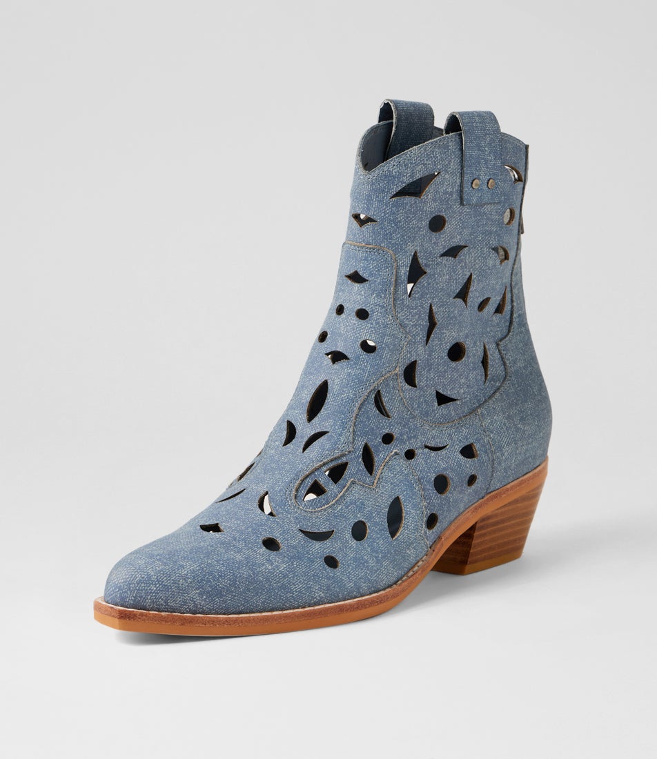Eelia Blue Distress Denim Leather Ankle Boots