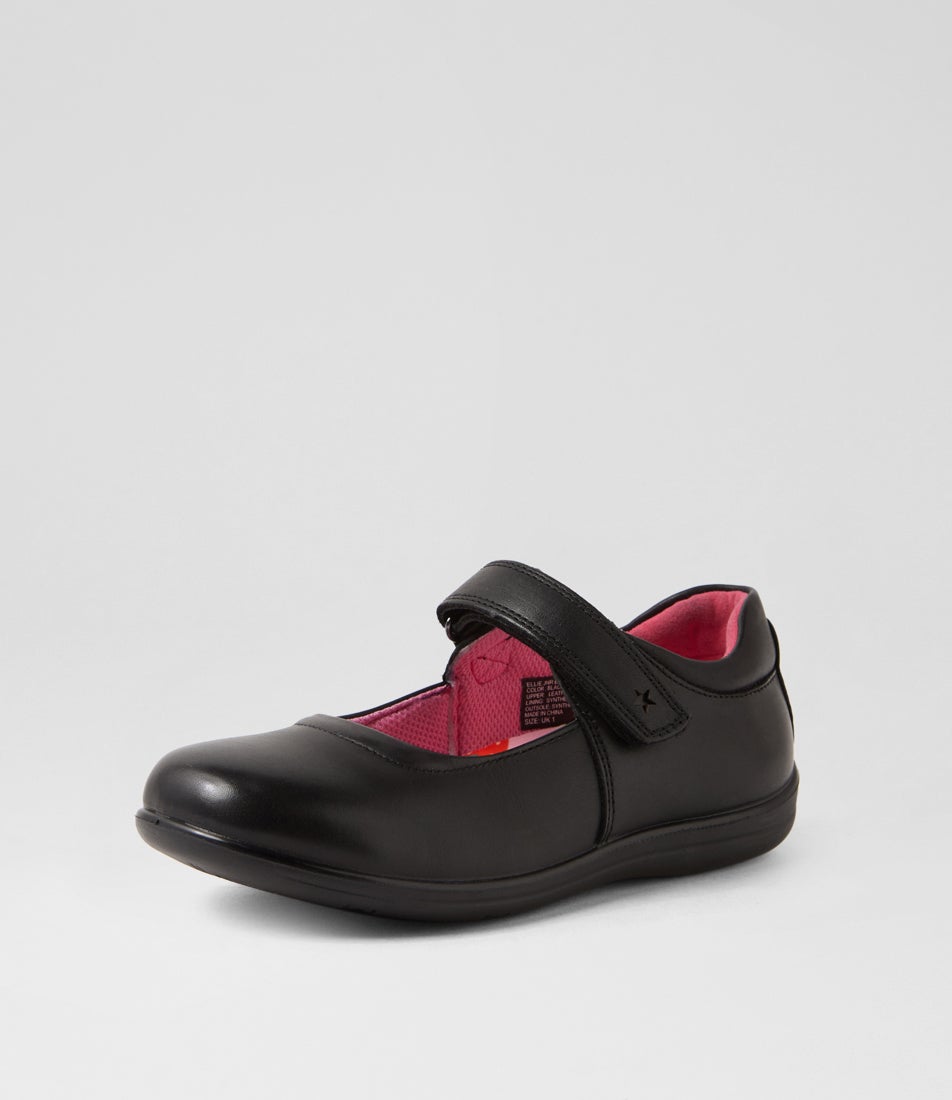 Ellie Junior E Black Print Insole Leather Flat Shoes
