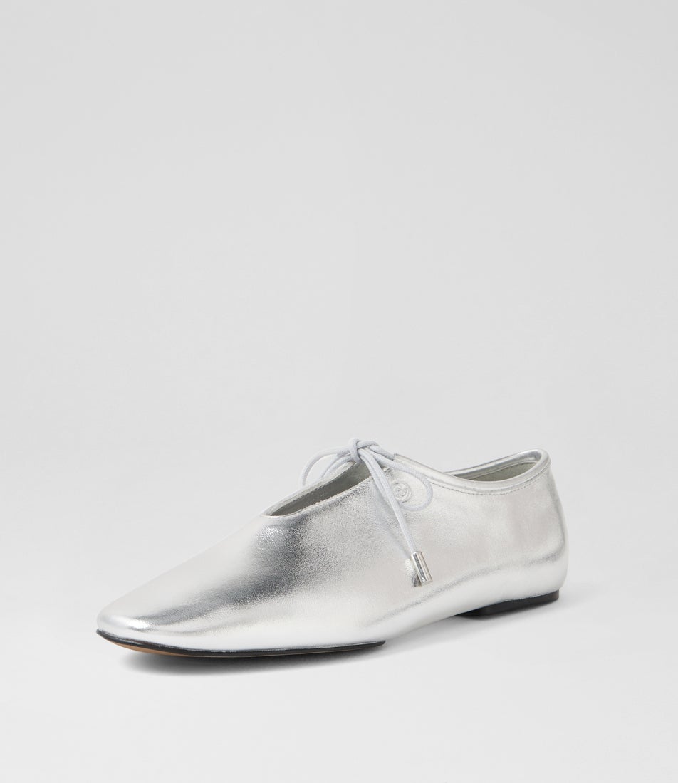 Noah Lace Silver Leather Lace Up Flats