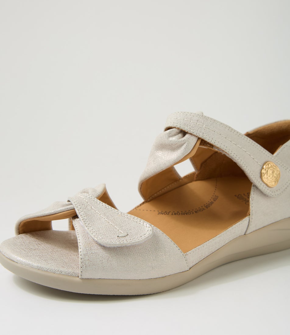 Doxie W Ivory Gold Print Leather Sandals