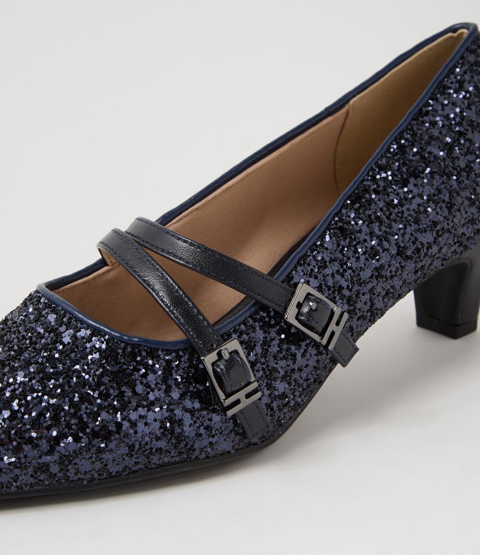 Lavis Navy Glitter Leather Heels Lavis Navy Glitter Leather Heels