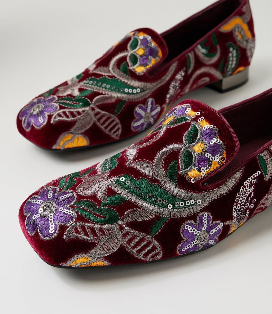 Faires Burgundy Embroidery Velvet Loafers