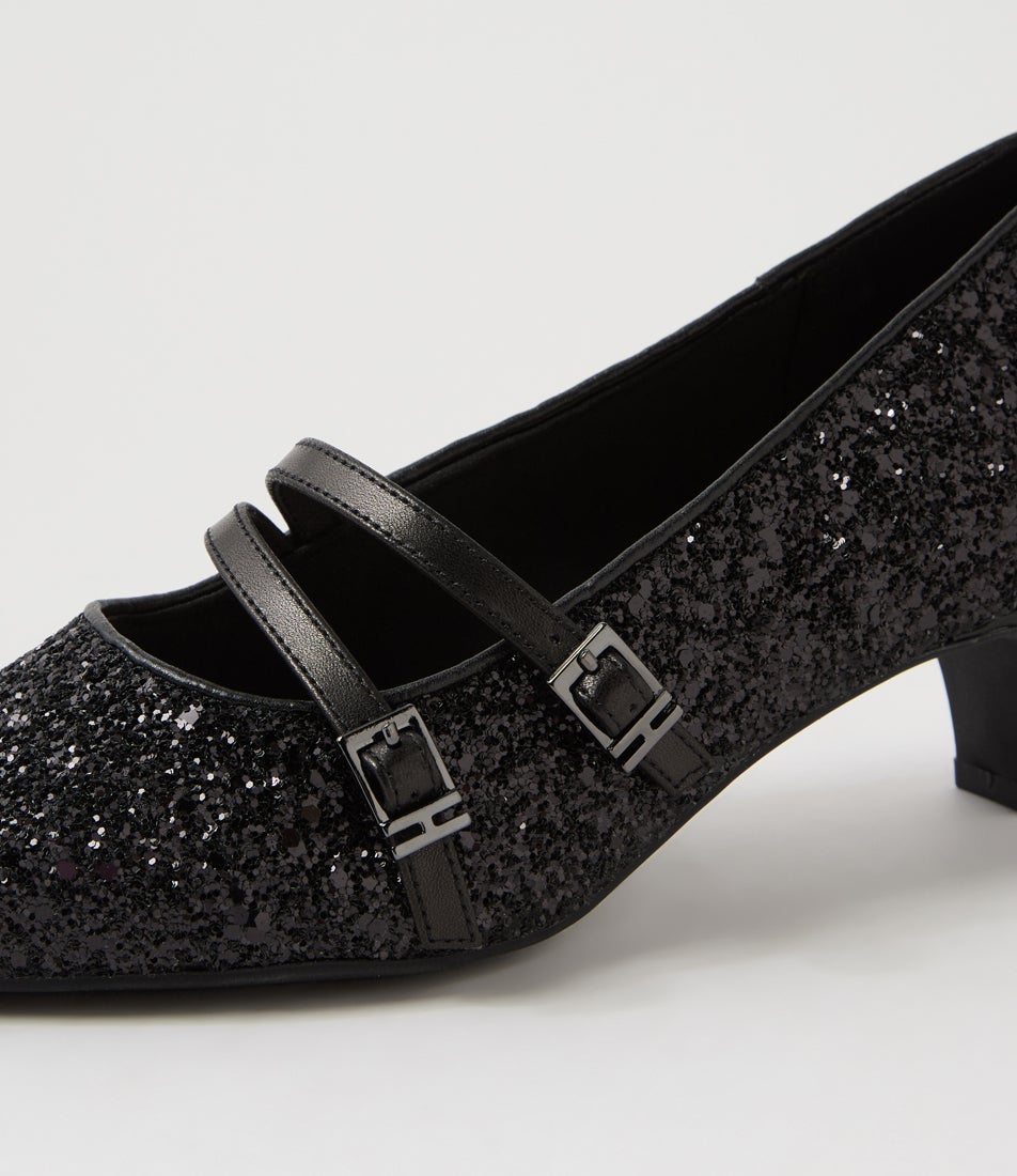 Lavis Black Glitter Leather Heels Lavis Black Glitter Leather Heels