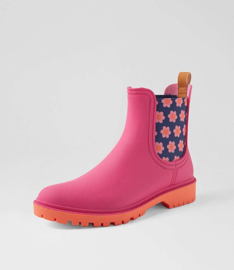 Laurina2 Bright Pink Floral Gumboot Ankle Boots