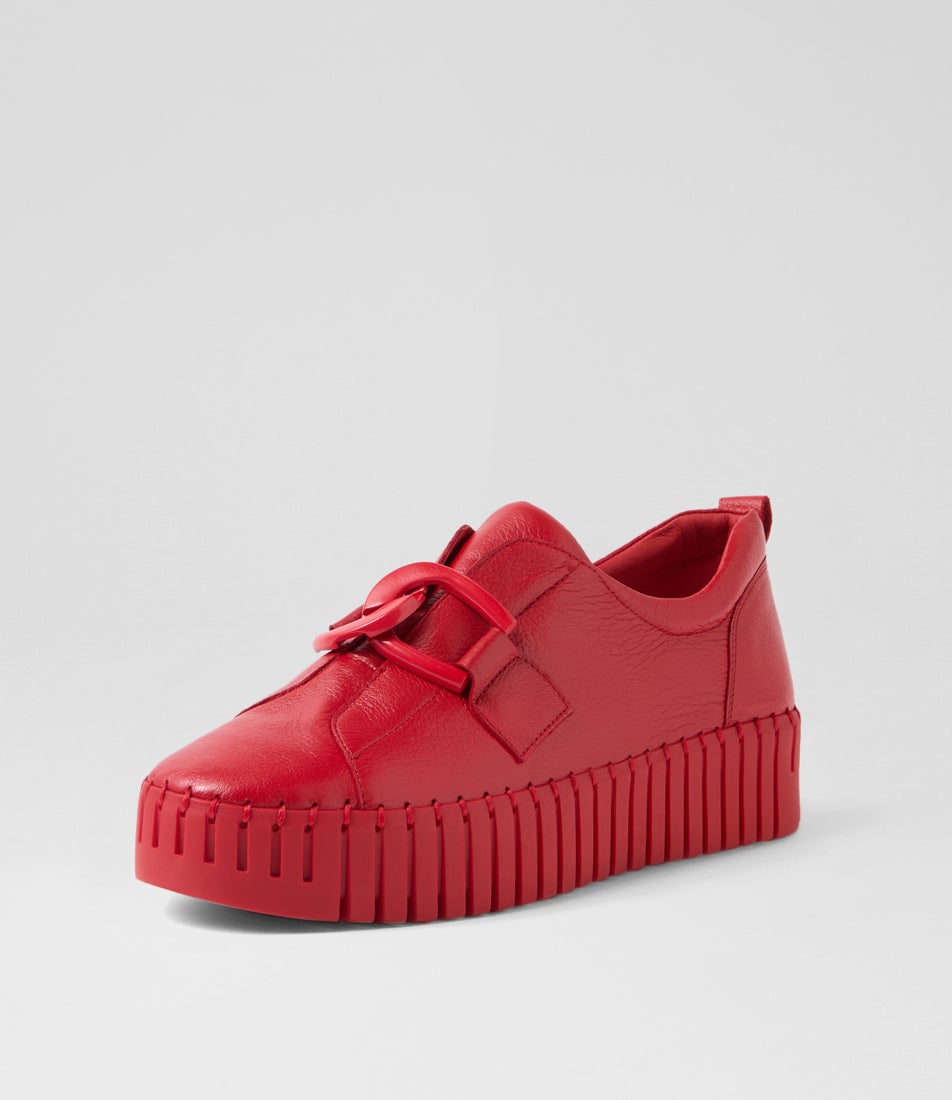 Breeza Red Leather Flat Shoes