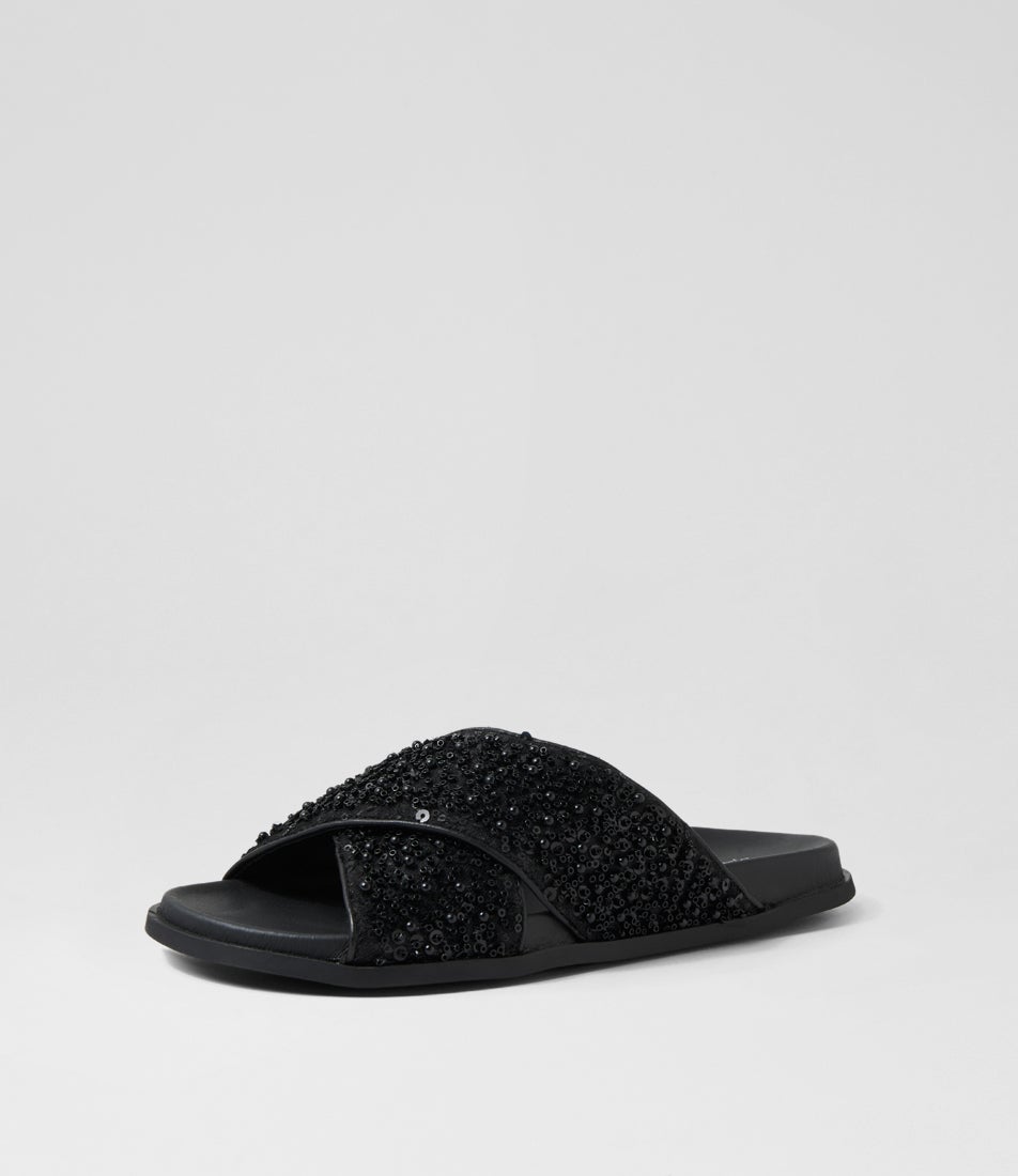 Treppie Black Sequins Leather Slides