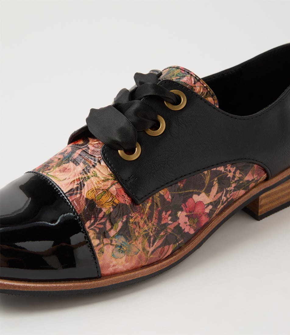 Hannie Black Cafe Floral Patent Pu Lace Up Flats