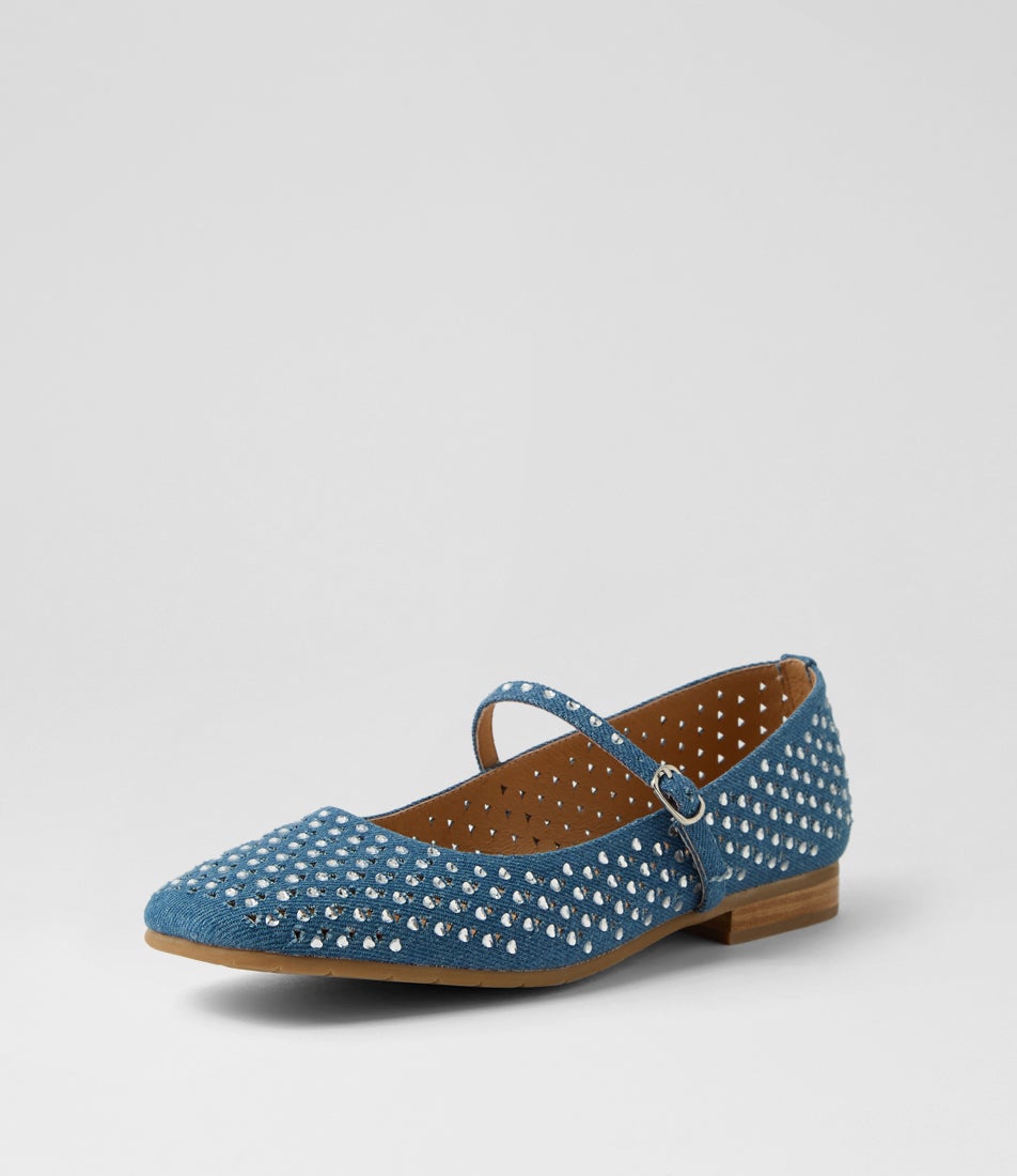 Pheonix Dark Denim Silver Fabric Jewels Ballet Flats