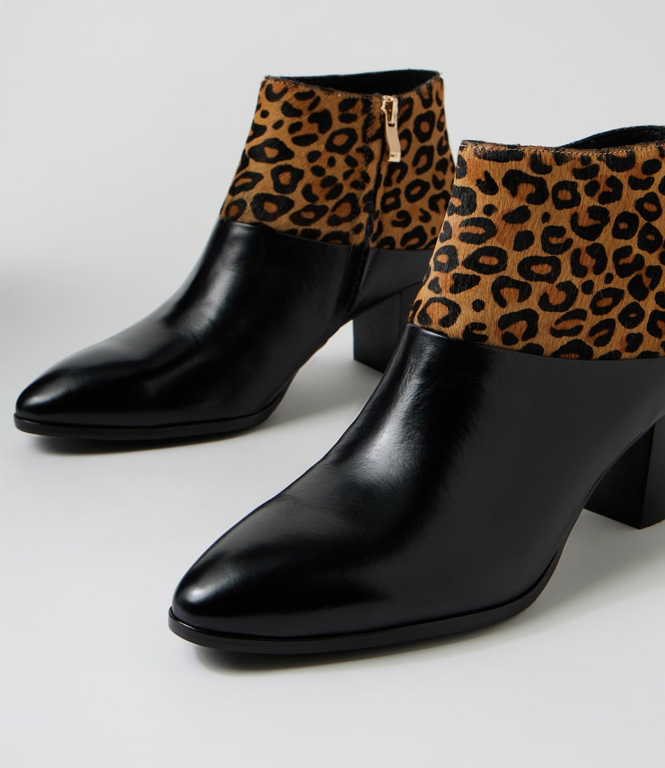 Blumas Black Light Tan Leopard Leather Pony Ankle Boots