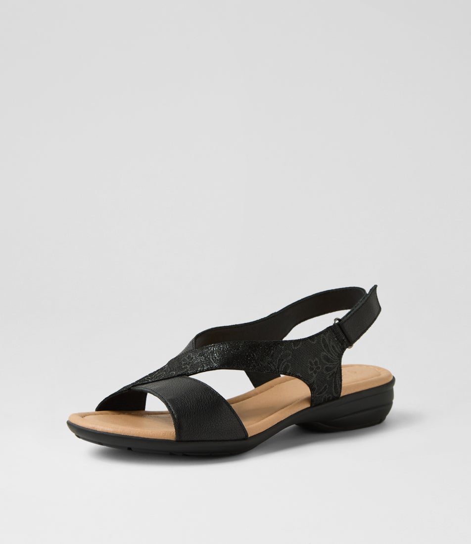 Bensin Black Floral Foil Leather Sandals